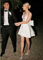 Elaine | Sexy V - Neck Backless White Satin Short/Mini Wedding Dress with Bows - Price #price_variant_lowest# - White - PromDressClub